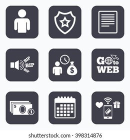 Mobile payments, wifi and calendar icons. Bank loans icons. Cash money bag symbol. Apply for credit sign. Fill document and get cash money. Go to web symbol.
