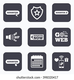 Mobile payments, wifi and calendar icons. Register with hand pointer icon. Mouse cursor symbol. Membership sign. Go to web symbol.