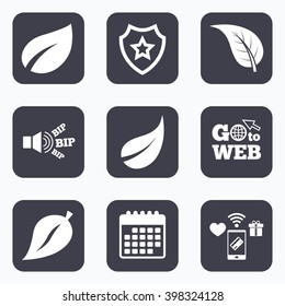 Mobile payments, wifi and calendar icons. Leaf icon. Fresh natural product symbols. Tree leaves signs. Go to web symbol.