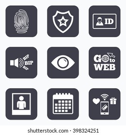 Mobile payments, wifi and calendar icons. Identity ID card badge icons. Eye and fingerprint symbols. Authentication signs. Photo frame with human person. Go to web symbol.