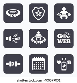 Mobile payments, wifi and calendar icons. Fasten seat belt icons. Child safety in accident symbols. Vehicle safety belt signs. Go to web symbol.