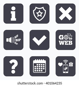 Mobile payments, wifi and calendar icons. Information icons. Delete and question FAQ mark signs. Approved check mark symbol. Go to web symbol.