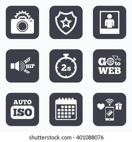 Mobile payments, wifi and calendar icons. Photo camera icon. Flash light and Auto ISO symbols. Stopwatch timer 2 seconds sign. Human portrait photo frame. Go to web symbol.