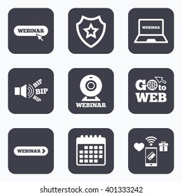 Mobile payments, wifi and calendar icons. Webinar icons. Web camera and notebook pc signs. Website e-learning or online study symbols. Go to web symbol.