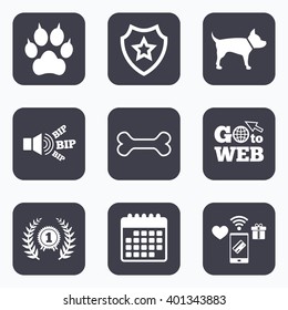 Mobile payments, wifi and calendar icons. Pets icons. Cat paw with clutches sign. Winner laurel wreath and medal symbol. Pets food. Go to web symbol.