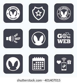 Mobile payments, wifi and calendar icons. No animals testing icons. Non-human experiments signs symbols. Go to web symbol.