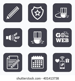 Mobile payments, wifi and calendar icons. Pencil icon. Edit document file. Eraser sign. Correct drawing symbol. Go to web symbol.