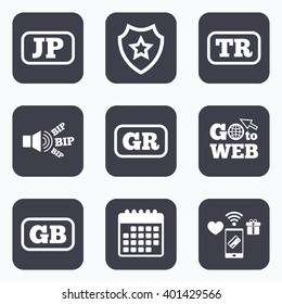 Mobile payments, wifi and calendar icons. Language icons. JP, TR, GR and GB translation symbols. Japan, Turkey, Greece and England languages. Go to web symbol.