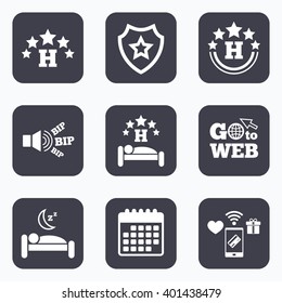 Mobile payments, wifi and calendar icons. Five stars hotel icons. Travel rest place symbols. Human sleep in bed sign. Go to web symbol.