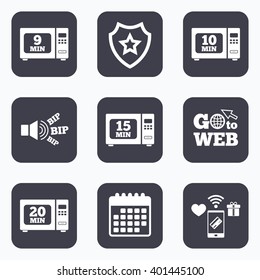Mobile payments, wifi and calendar icons. Microwave oven icons. Cook in electric stove symbols. Heat 9, 10, 15 and 20 minutes signs. Go to web symbol.