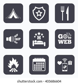 Mobile payments, wifi and calendar icons. Food, sleep, camping tent and fire icons. Knife and fork. Hotel or bed and breakfast. Road signs. Go to web symbol.