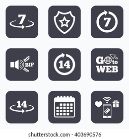 Mobile payments, wifi and calendar icons. Return of goods within 7 or 14 days icons. Warranty 2 weeks exchange symbols. Go to web symbol.
