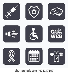 Mobile payments, wifi and calendar icons. Medicine icons. Syringe, disabled, brain and ribbon signs. Breast cancer awareness symbol. Handicapped invalid. Go to web symbol.