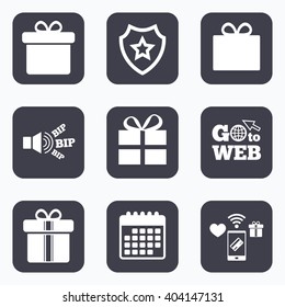 Mobile payments, wifi and calendar icons. Gift box sign icons. Present with bow and ribbons sign symbols. Go to web symbol.