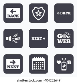 Mobile payments, wifi and calendar icons. Back and next navigation signs. Arrow direction icons. Go to web symbol.