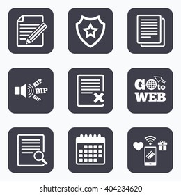Mobile payments, wifi and calendar icons. File document icons. Search or find symbol. Edit content with pencil sign. Remove or delete file. Go to web symbol.