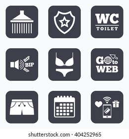 Mobile payments, wifi and calendar icons. Swimming pool icons. Shower water drops and swimwear symbols. WC Toilet sign. Trunks and women underwear. Go to web symbol.