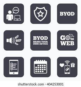 Mobile payments, wifi and calendar icons. BYOD icons. Human with notebook and smartphone signs. Speech bubble symbol. Go to web symbol.