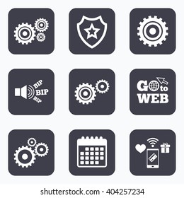 Mobile payments, wifi and calendar icons. Cogwheel gear icons. Mechanism symbol. Website or App settings sign. Working process performance. Go to web symbol.