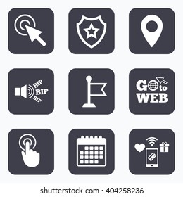 Mobile payments, wifi and calendar icons. Mouse cursor icon. Hand or Flag pointer symbols. Map location marker sign. Go to web symbol.