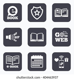 Mobile payments, wifi and calendar icons. Electronic book icons. E-Book symbols. Speech bubble sign. Go to web symbol.