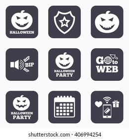 Mobile payments, wifi and calendar icons. Halloween pumpkin icons. Halloween party sign symbol. All Hallows Day celebration. Go to web symbol.