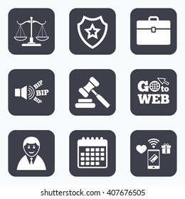 Mobile payments, wifi and calendar icons. Scales of Justice icon. Client or Lawyer symbol. Auction hammer sign. Law judge gavel. Court of law. Go to web symbol.