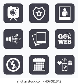 Mobile payments, wifi and calendar icons. Hipster retro photo camera with mustache icon. No flash light symbol. Human selfie portrait photo frame. Go to web symbol.