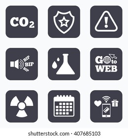 Mobile payments, wifi and calendar icons. Attention and radiation icons. Chemistry flask sign. CO2 carbon dioxide symbol. Go to web symbol.