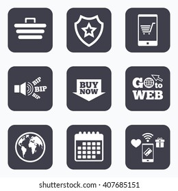 Mobile payments, wifi and calendar icons. Online shopping icons. Smartphone, shopping cart, buy now arrow and internet signs. WWW globe symbol. Go to web symbol.