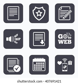 Mobile payments, wifi and calendar icons. File document icons. Download file symbol. Edit content with pencil sign. Select file with checkbox. Go to web symbol.