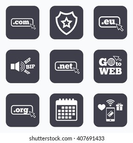 Mobile payments, wifi and calendar icons. Top-level internet domain icons. Com, Eu, Net and Org symbols with cursor pointer. Unique DNS names. Go to web symbol.