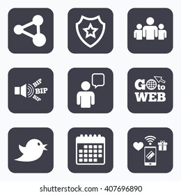Mobile payments, wifi and calendar icons. Group of people and share icons. Speech bubble symbols. Communication signs. Go to web symbol.