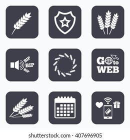 Mobile payments, wifi and calendar icons. Agricultural icons. Gluten free or No gluten signs. Wreath of Wheat corn symbol. Go to web symbol.