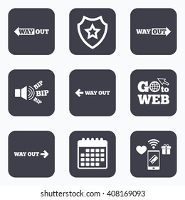 Mobile payments, wifi and calendar icons. Way out icons. Left and right arrows symbols. Direction signs in the subway. Go to web symbol.