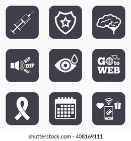 Mobile payments, wifi and calendar icons. Medicine icons. Syringe, eye with drop, brain and ribbon signs. Breast cancer awareness symbol. Human smart mind. Go to web symbol.