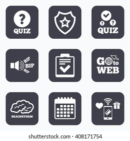 Mobile payments, wifi and calendar icons. Quiz icons. Human brain think. Checklist with check mark symbol. Survey poll or questionnaire feedback form sign. Go to web symbol.