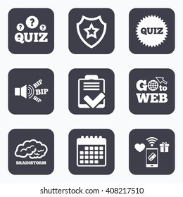 Mobile payments, wifi and calendar icons. Quiz icons. Brainstorm or human think. Checklist symbol. Survey poll or questionnaire feedback form. Questions and answers game sign. Go to web symbol.