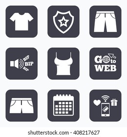 Mobile payments, wifi and calendar icons. Clothes icons. T-shirt and pants with shorts signs. Swimming trunks symbol. Go to web symbol.