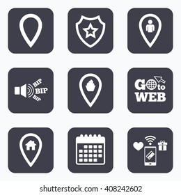 Mobile payments, wifi and calendar icons. Map pointer icons. Home, food and user location symbols. Restaurant and cupcake signs. You are here. Go to web symbol.