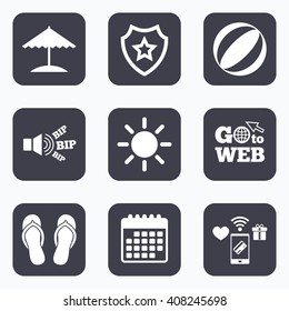 Mobile payments, wifi and calendar icons. Beach holidays icons. Ball, umbrella and flip-flops sandals signs. Summer sun symbol. Go to web symbol.