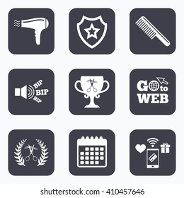 Mobile payments, wifi and calendar icons. Hairdresser icons. Scissors cut hair symbol. Comb hair with hairdryer symbol. Barbershop laurel wreath winner award. Go to web symbol.