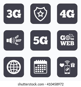 Mobile payments, wifi and calendar icons. Mobile telecommunications icons. 3G, 4G and 5G technology symbols. World globe sign. Go to web symbol.
