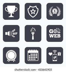 Mobile payments, wifi and calendar icons. First place award cup icons. Laurel wreath sign. Torch fire flame symbol. Prize for winner. Go to web symbol.