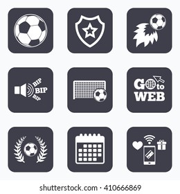 Mobile payments, wifi and calendar icons. Football icons. Soccer ball sport sign. Goalkeeper gate symbol. Winner award laurel wreath. Goalscorer fireball. Go to web symbol.