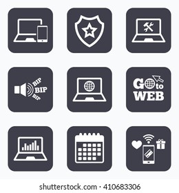 Mobile payments, wifi and calendar icons. Notebook laptop pc icons. Internet globe sign. Repair fix service symbol. Monitoring graph chart. Go to web symbol.
