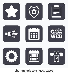 Mobile payments, wifi and calendar icons. Calendar and Star favorite icons. Checklist and cogwheel gear sign symbols. Go to web symbol.