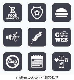 Mobile payments, wifi and calendar icons. Food additive icon. Hamburger fast food sign. Gluten free and No GMO symbols. Without E acid stabilizers. Go to web symbol.