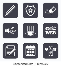 Mobile payments, wifi and calendar icons. Pencil icon. Edit document file. Eraser sign. Correct drawing symbol. Go to web symbol.