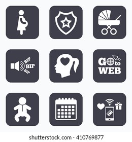 Mobile payments, wifi and calendar icons. Maternity icons. Baby infant, pregnancy and buggy signs. Baby carriage pram stroller symbols. Head with heart. Go to web symbol.